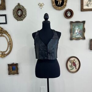 Vintage Black Leather Halter Button-Up Crop Top – Y2K Biker Western Style